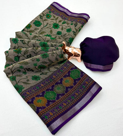 Beige Floral Print Cotton Blend Saree with Contrast Border and Running Blouse Piece for Daily Wear | 6.3 Metres