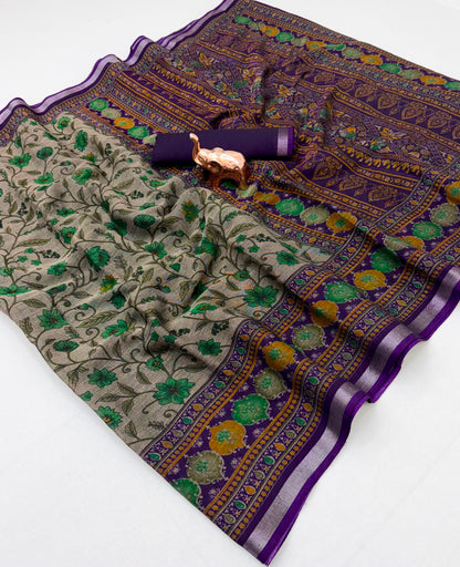 Beige Floral Print Cotton Blend Saree with Contrast Border and Running Blouse Piece for Daily Wear | 6.3 Metres