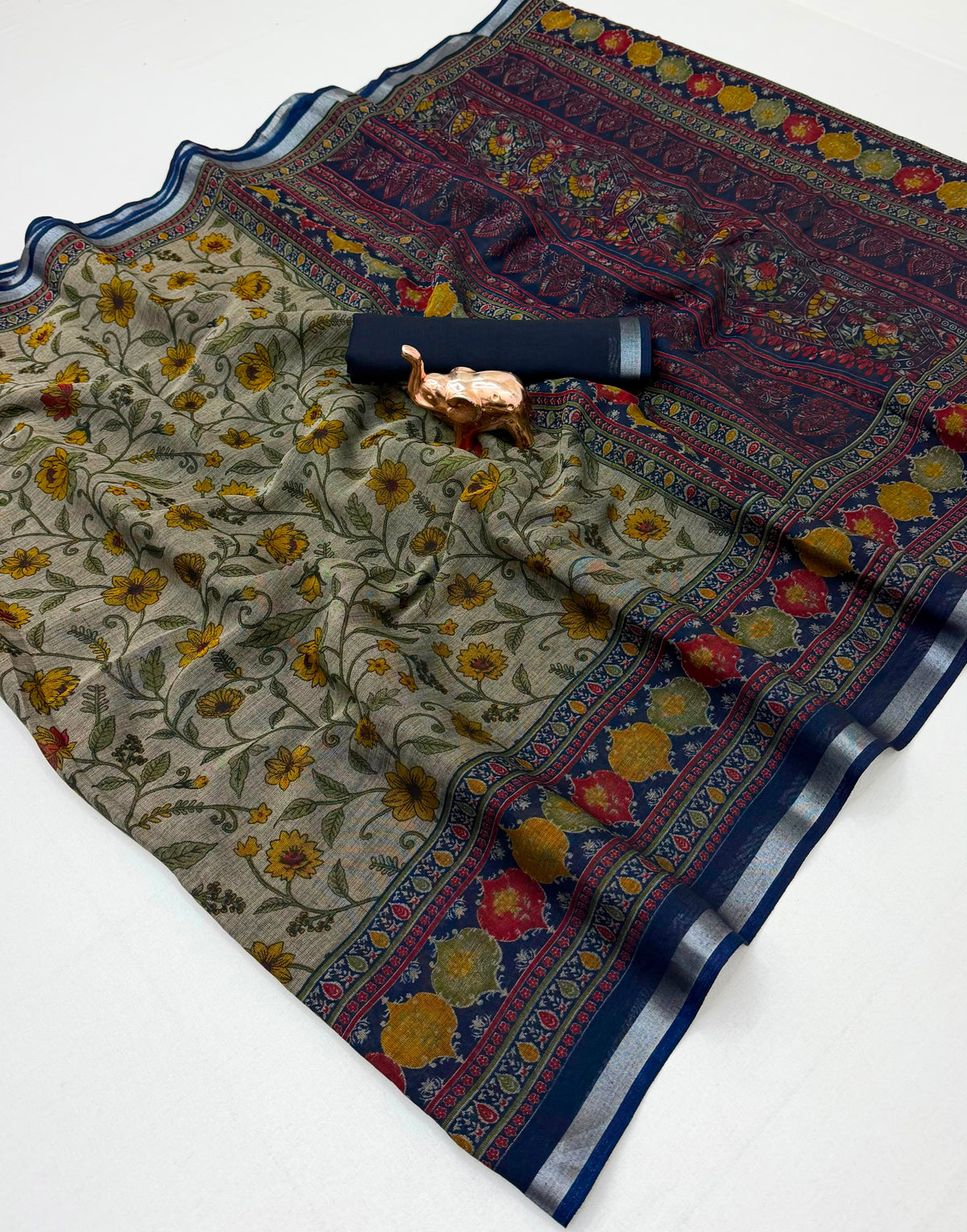 Beige Floral Print Cotton Blend Saree with Contrast Border and Running Blouse Piece for Daily Wear | 6.3 Metres