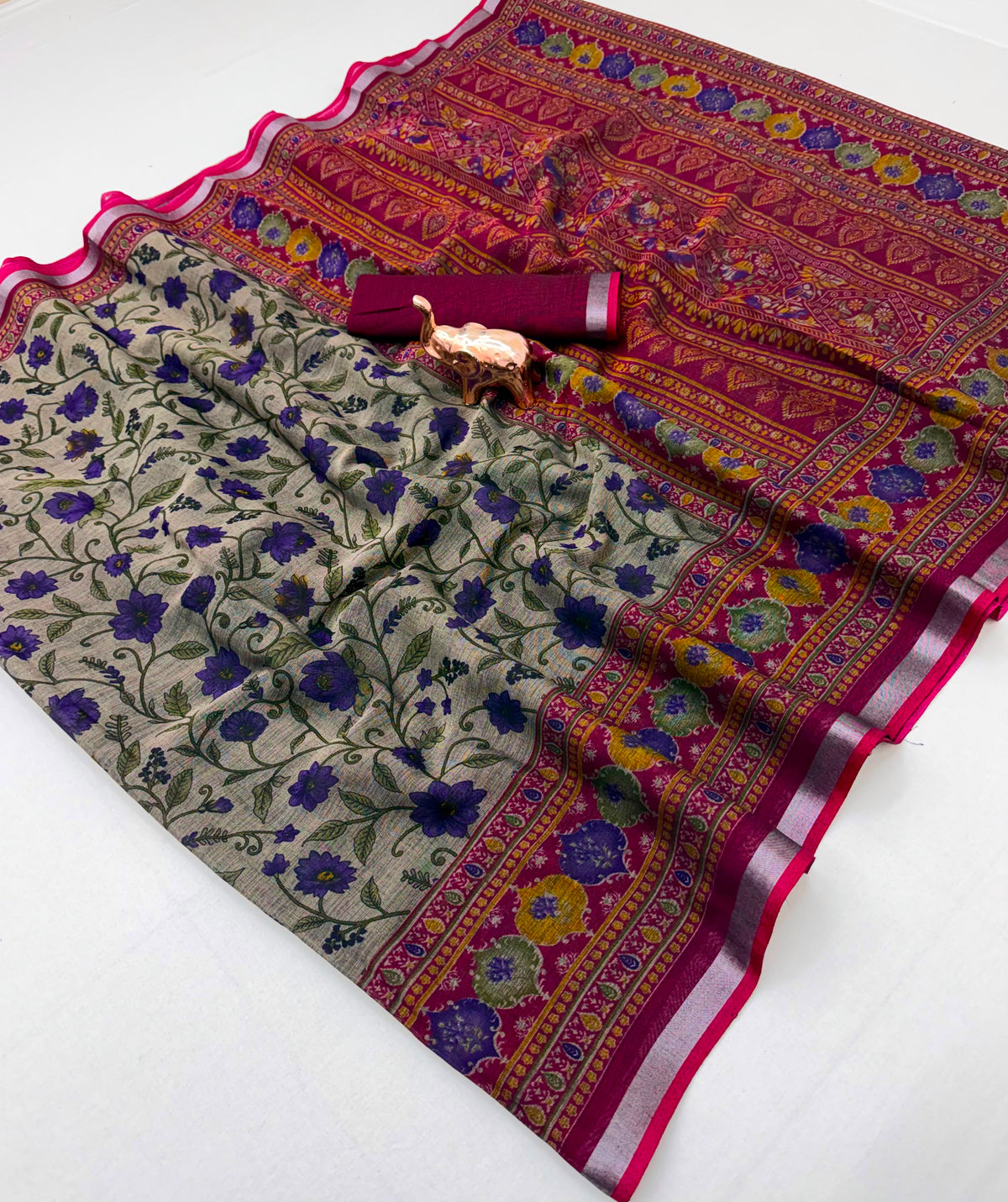 Beige Floral Print Cotton Blend Saree with Contrast Border and Running Blouse Piece for Daily Wear | 6.3 Metres