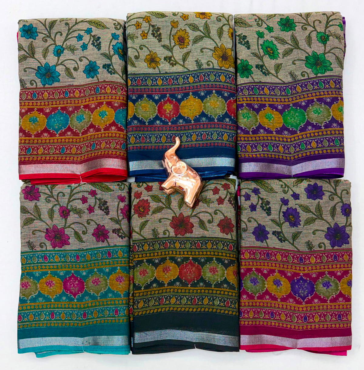 Beige Floral Print Cotton Blend Saree with Contrast Border and Running Blouse Piece for Daily Wear | 6.3 Metres