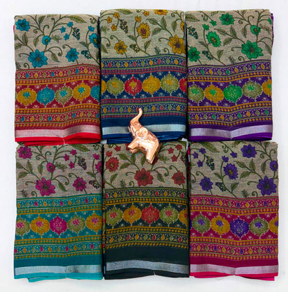 Beige Floral Print Cotton Blend Saree with Contrast Border and Running Blouse Piece for Daily Wear | 6.3 Metres