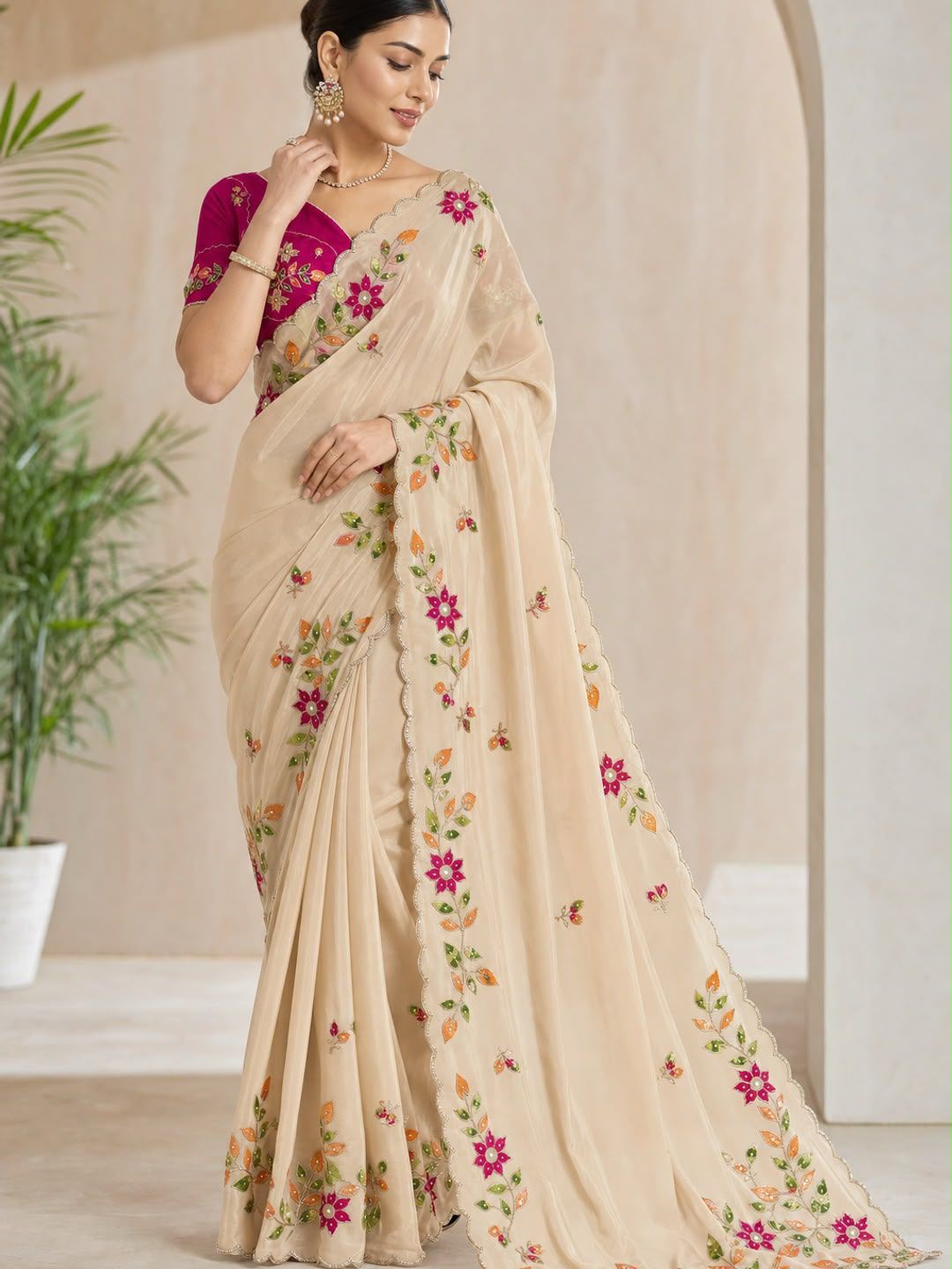Ivory Cream Georgette Saree with Multicolour Floral Embroidery and Scalloped Border, 6.3 m with Running Blouse for Festive Wear