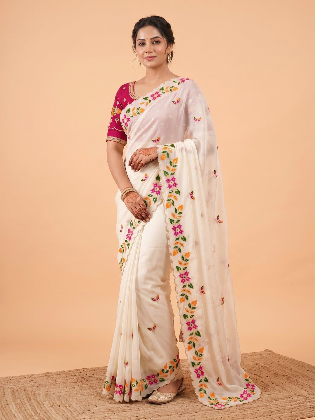 Ivory Cream Georgette Saree with Multicolour Floral Embroidery and Scalloped Border, 6.3 m with Running Blouse for Festive Wear