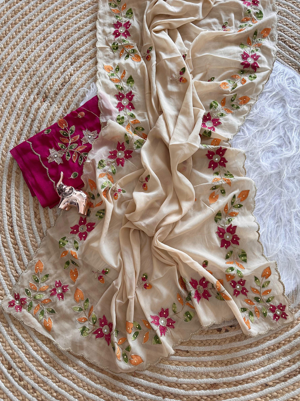Ivory Cream Georgette Saree with Multicolour Floral Embroidery and Scalloped Border, 6.3 m with Running Blouse for Festive Wear