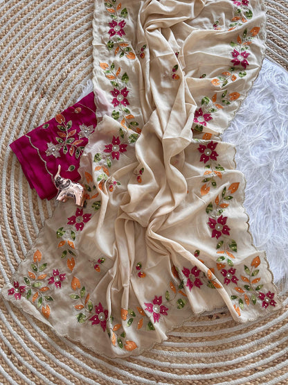 Ivory Cream Georgette Saree with Multicolour Floral Embroidery and Scalloped Border, 6.3 m with Running Blouse for Festive Wear