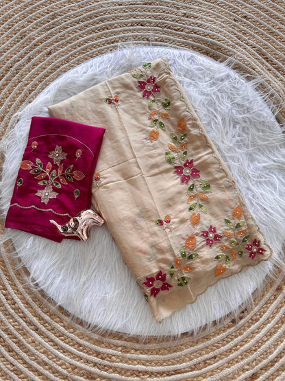 Ivory Cream Georgette Saree with Multicolour Floral Embroidery and Scalloped Border, 6.3 m with Running Blouse for Festive Wear