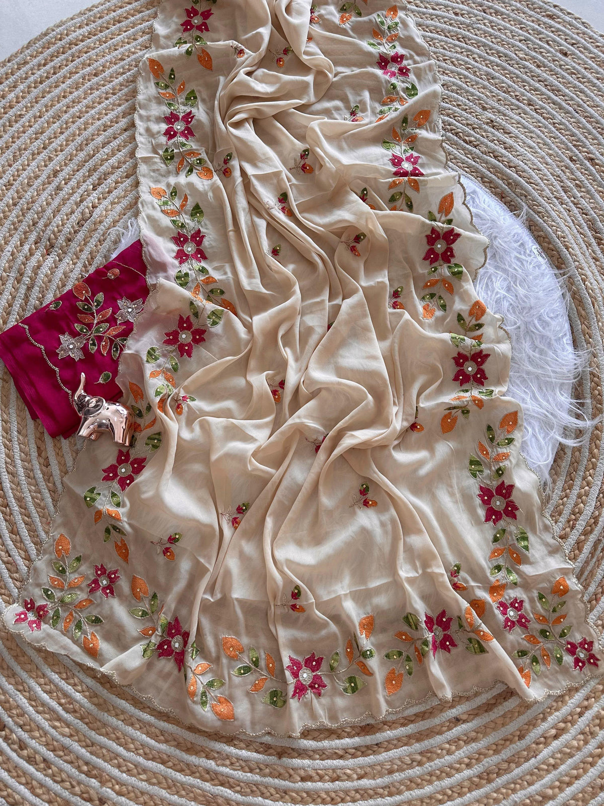 Ivory Cream Georgette Saree with Multicolour Floral Embroidery and Scalloped Border, 6.3 m with Running Blouse for Festive Wear
