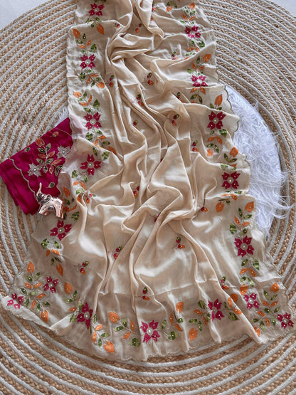 Ivory Cream Georgette Saree with Multicolour Floral Embroidery and Scalloped Border, 6.3 m with Running Blouse for Festive Wear