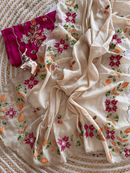 Ivory Cream Georgette Saree with Multicolour Floral Embroidery and Scalloped Border, 6.3 m with Running Blouse for Festive Wear