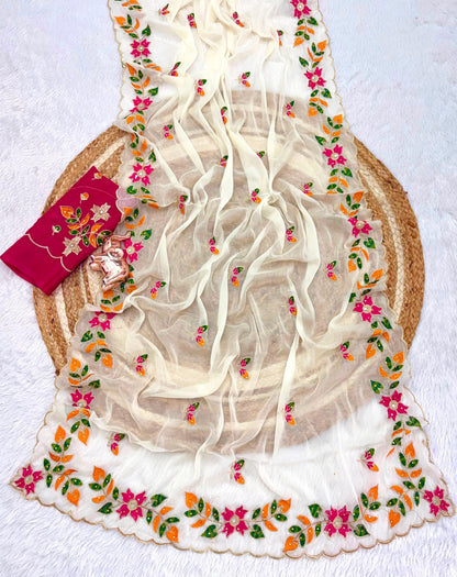 Ivory Cream Georgette Saree with Multicolour Floral Embroidery and Scalloped Border, 6.3 m with Running Blouse for Festive Wear