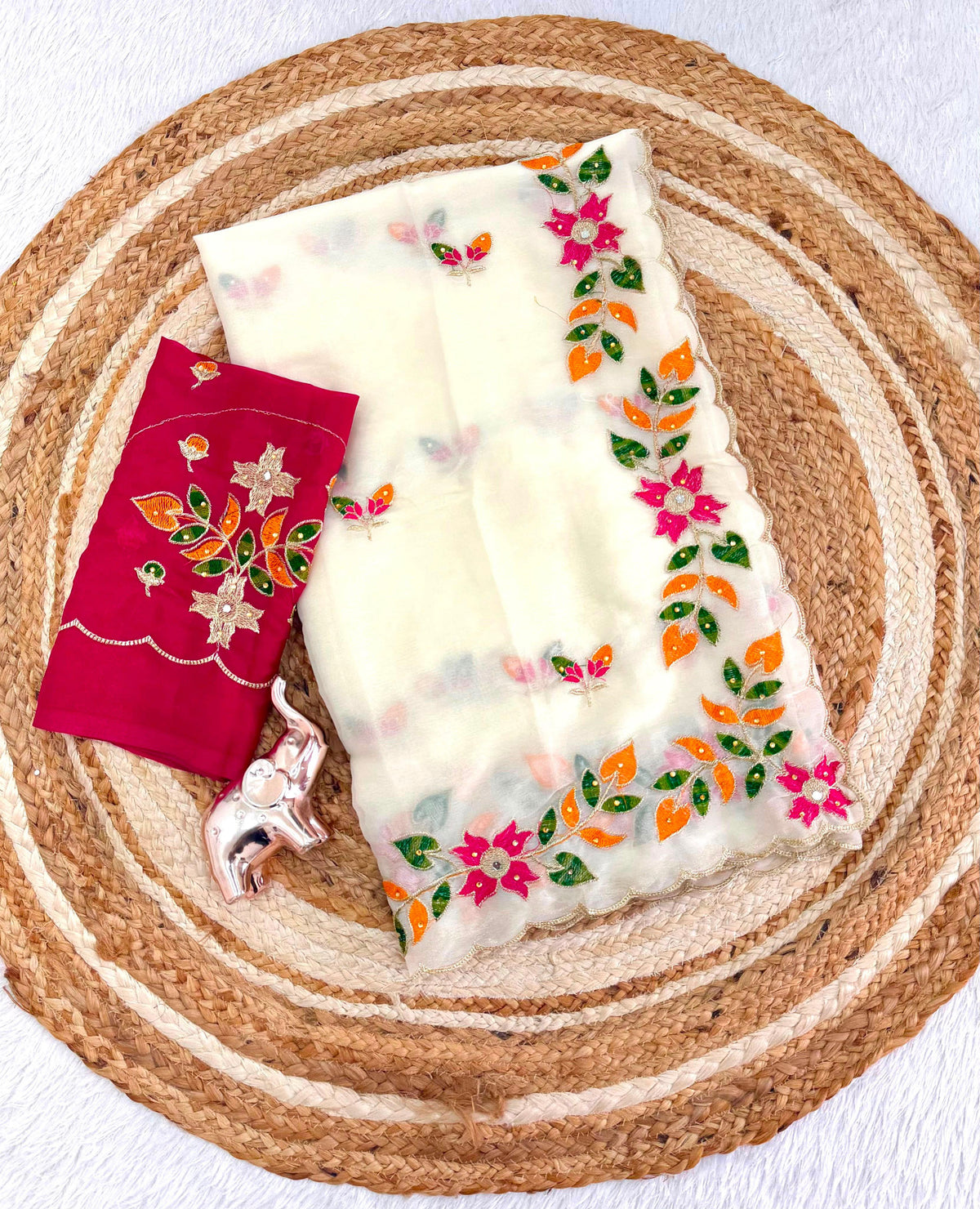 Ivory Cream Georgette Saree with Multicolour Floral Embroidery and Scalloped Border, 6.3 m with Running Blouse for Festive Wear