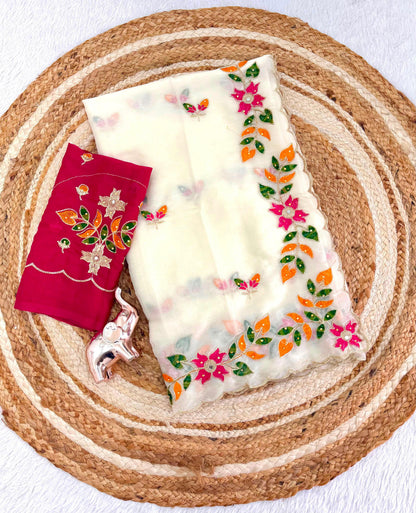 Ivory Cream Georgette Saree with Multicolour Floral Embroidery and Scalloped Border, 6.3 m with Running Blouse for Festive Wear