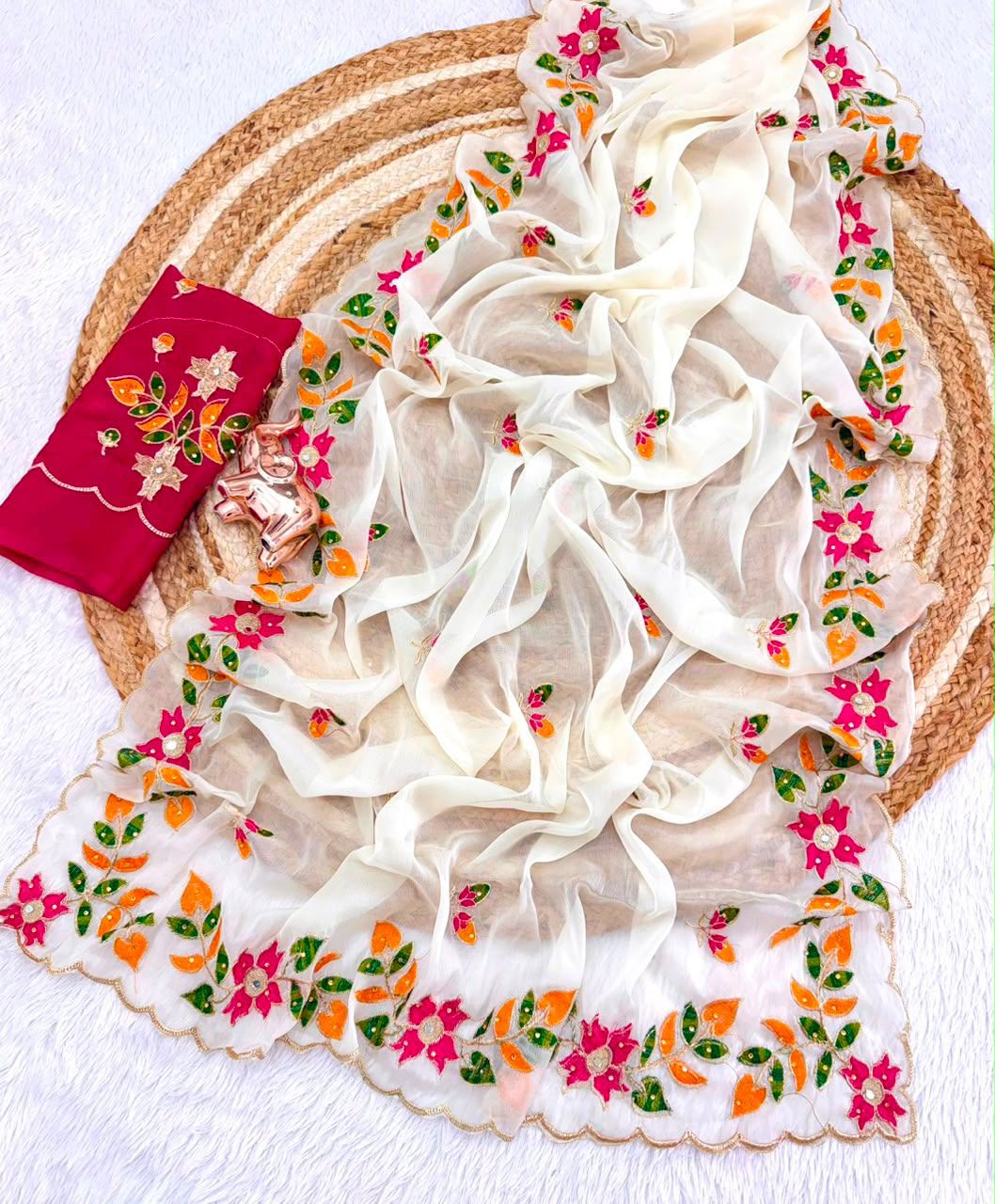 Ivory Cream Georgette Saree with Multicolour Floral Embroidery and Scalloped Border, 6.3 m with Running Blouse for Festive Wear