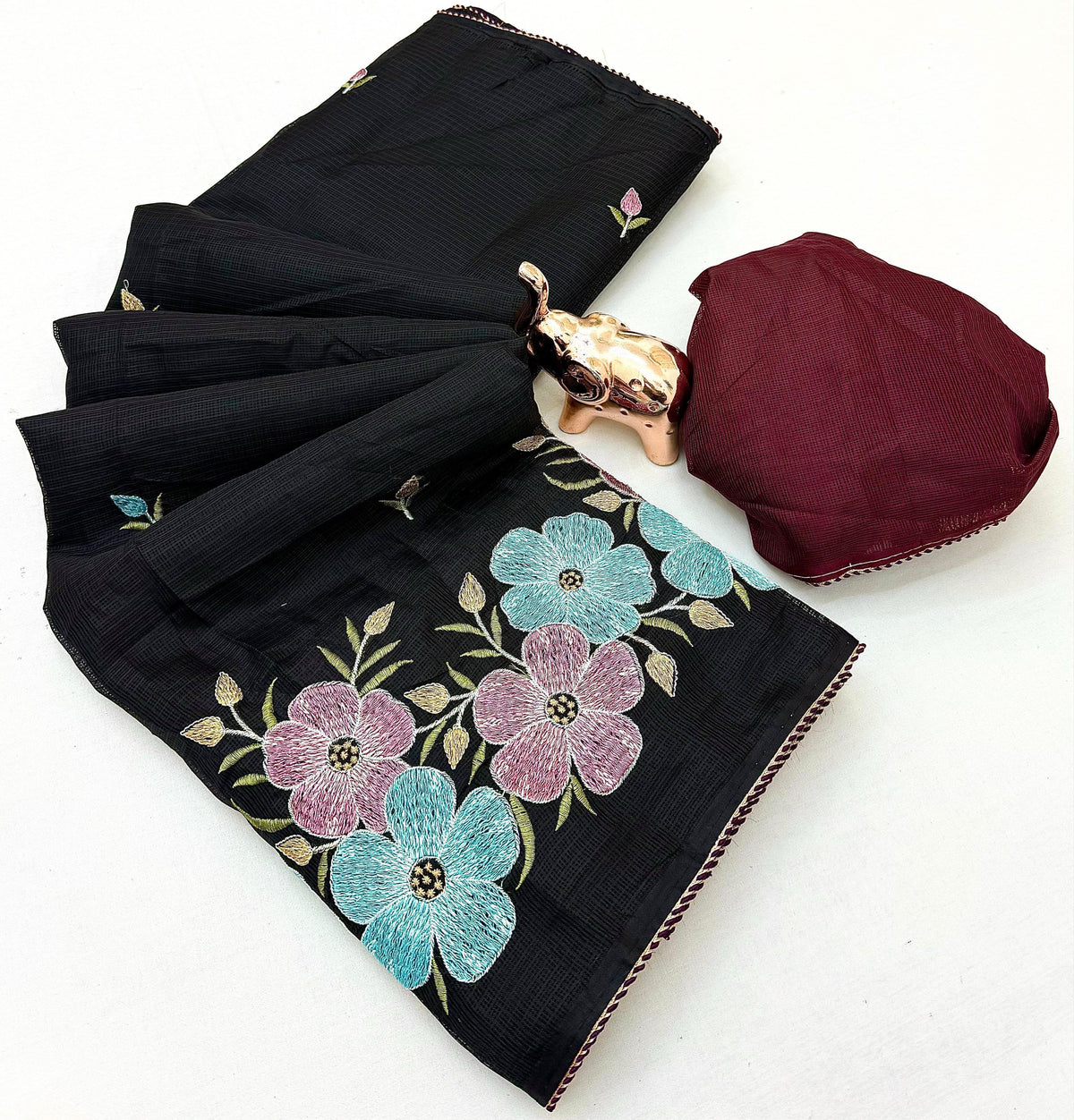 Kota Doriya Cotton Saree with Floral Embroidery and Running Blouse in Black, Onion Pink, Olive Green, White & Lavender