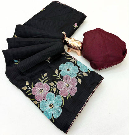 Kota Doriya Cotton Saree with Floral Embroidery and Running Blouse in Black, Onion Pink, Olive Green, White & Lavender