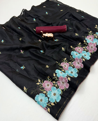 Kota Doriya Cotton Saree with Floral Embroidery and Running Blouse in Black, Onion Pink, Olive Green, White & Lavender