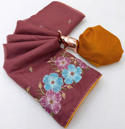 Kota Doriya Cotton Saree with Floral Embroidery and Running Blouse in Black, Onion Pink, Olive Green, White & Lavender