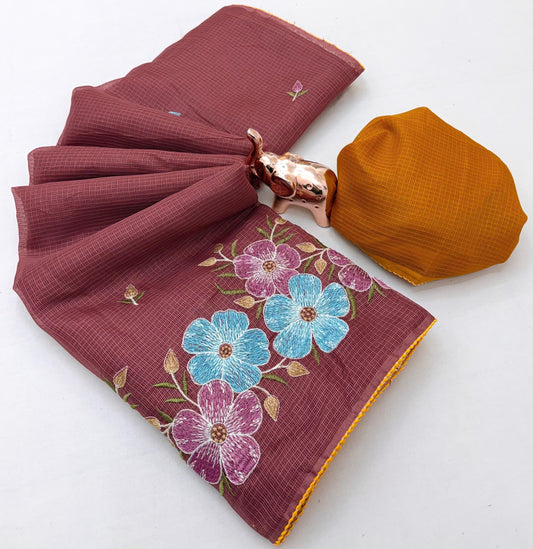 Kota Doriya Cotton Saree with Floral Embroidery and Running Blouse in Black, Onion Pink, Olive Green, White & Lavender