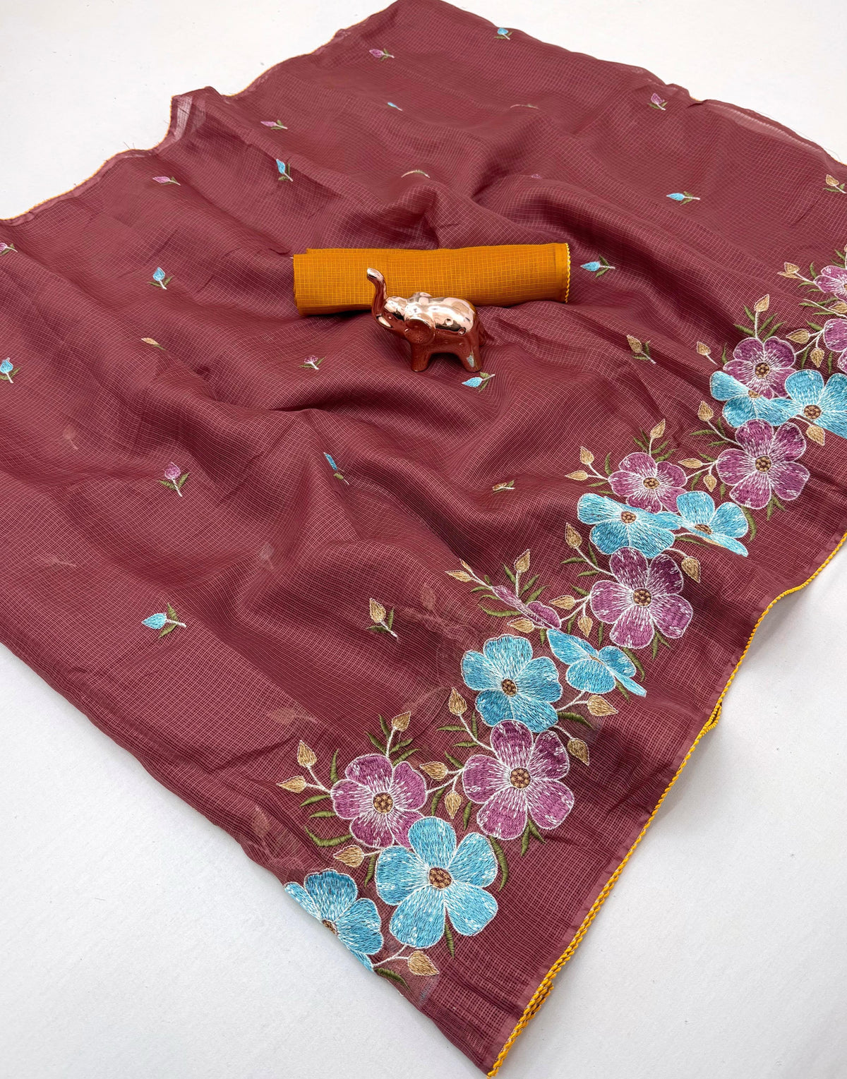 Kota Doriya Cotton Saree with Floral Embroidery and Running Blouse in Black, Onion Pink, Olive Green, White & Lavender