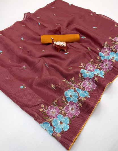 Kota Doriya Cotton Saree with Floral Embroidery and Running Blouse in Black, Onion Pink, Olive Green, White & Lavender