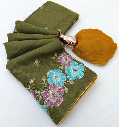 Kota Doriya Cotton Saree with Floral Embroidery and Running Blouse in Black, Onion Pink, Olive Green, White & Lavender