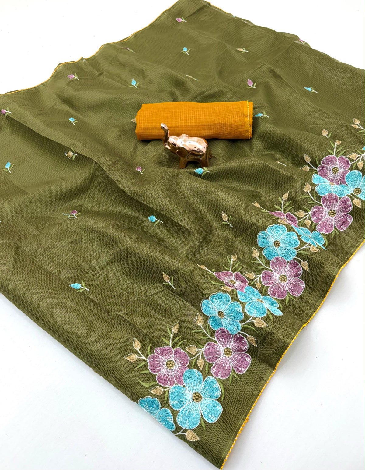 Kota Doriya Cotton Saree with Floral Embroidery and Running Blouse in Black, Onion Pink, Olive Green, White & Lavender