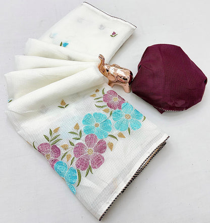 Kota Doriya Cotton Saree with Floral Embroidery and Running Blouse in Black, Onion Pink, Olive Green, White & Lavender