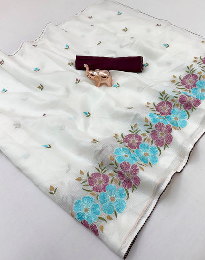Kota Doriya Cotton Saree with Floral Embroidery and Running Blouse in Black, Onion Pink, Olive Green, White & Lavender