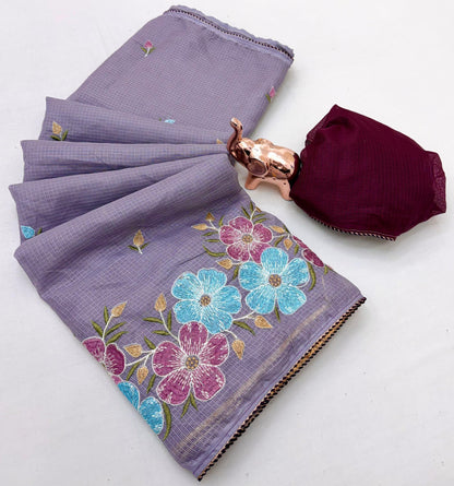 Kota Doriya Cotton Saree with Floral Embroidery and Running Blouse in Black, Onion Pink, Olive Green, White & Lavender