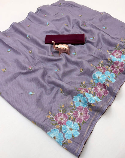 Kota Doriya Cotton Saree with Floral Embroidery and Running Blouse in Black, Onion Pink, Olive Green, White & Lavender