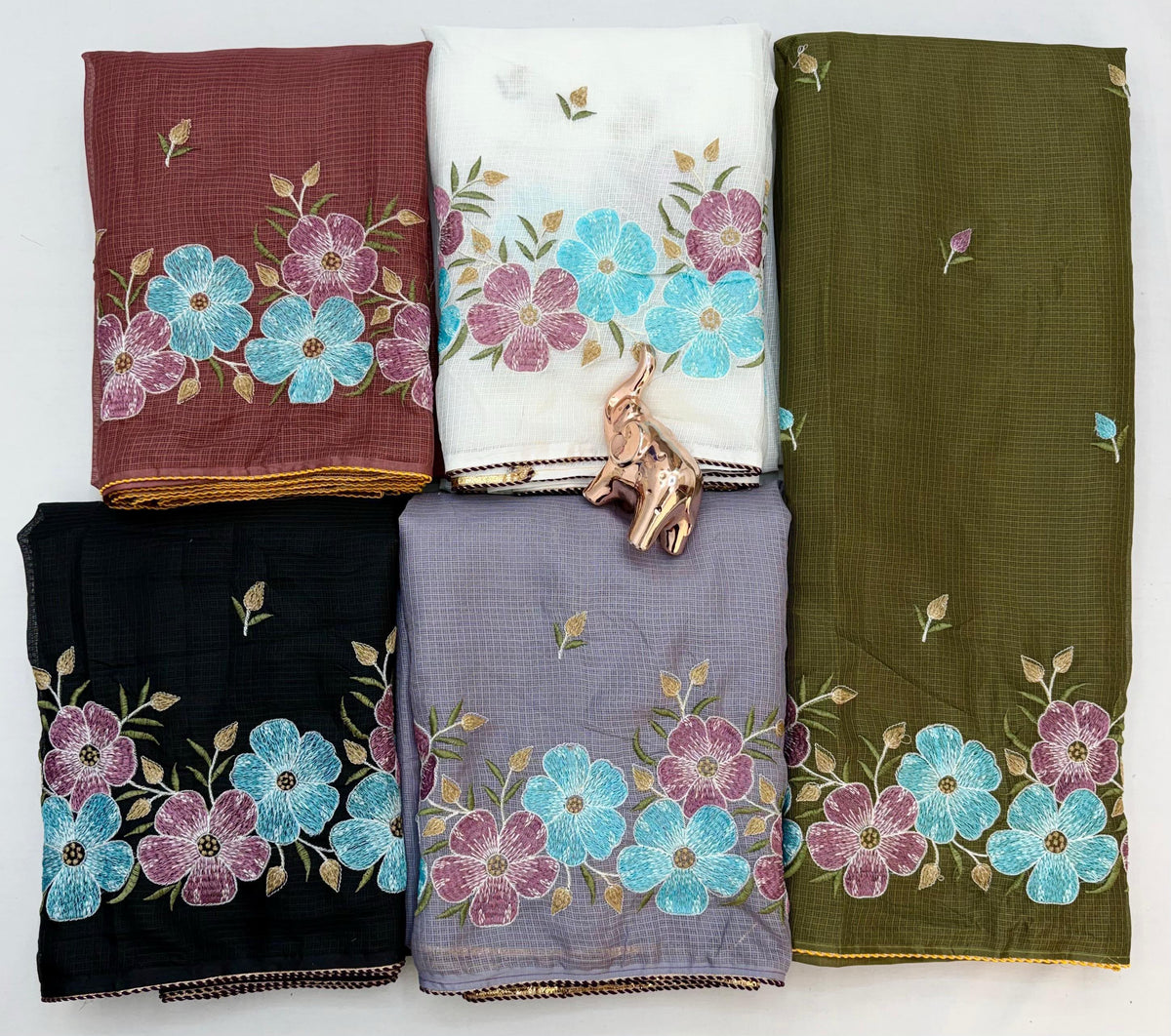 Kota Doriya Cotton Saree with Floral Embroidery and Running Blouse in Black, Onion Pink, Olive Green, White & Lavender