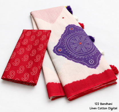 Off-White Soft Linen Cotton Saree with Multicolour Bandhani Digital Print, Red Border & Pallu and Running Blouse