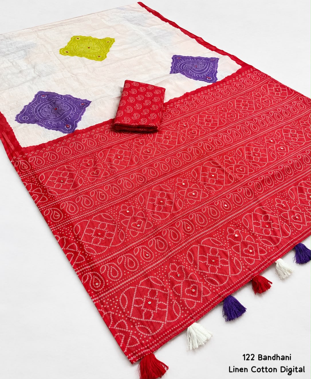 Off-White Soft Linen Cotton Saree with Multicolour Bandhani Digital Print, Red Border & Pallu and Running Blouse