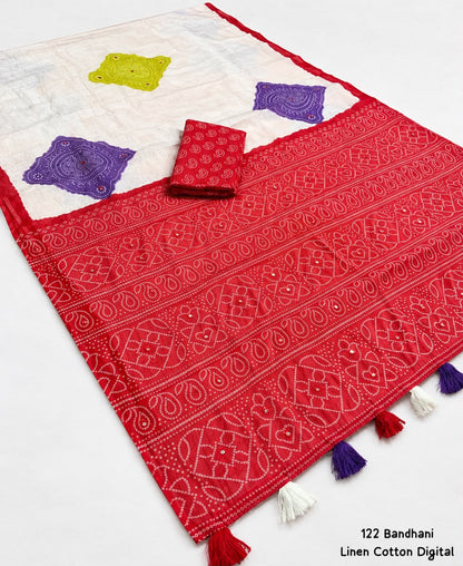 Off-White Soft Linen Cotton Saree with Multicolour Bandhani Digital Print, Red Border & Pallu and Running Blouse
