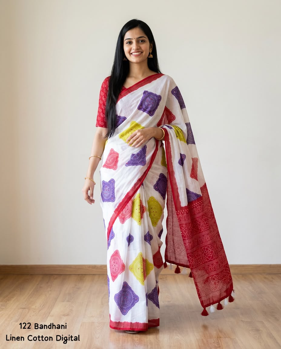 Off-White Soft Linen Cotton Saree with Multicolour Bandhani Digital Print, Red Border & Pallu and Running Blouse