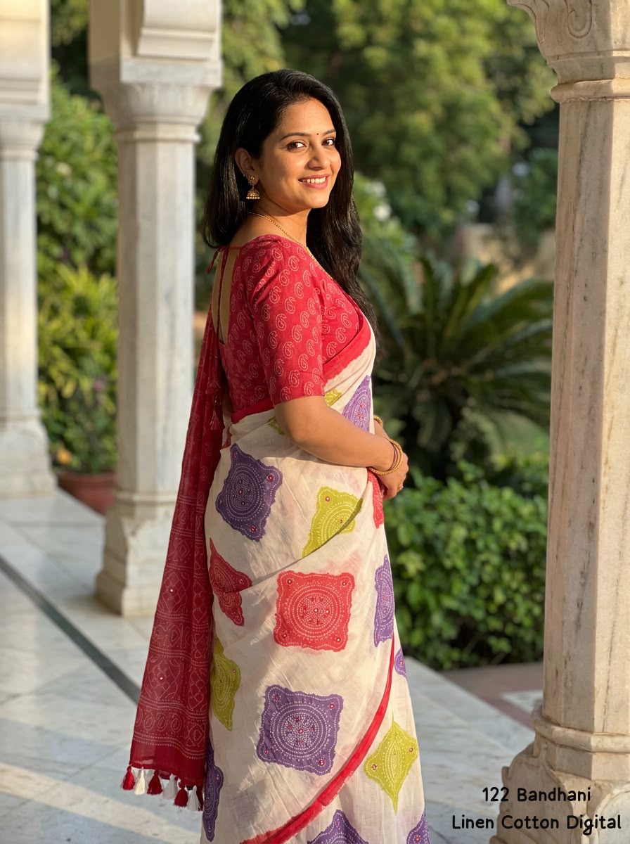 Off-White Soft Linen Cotton Saree with Multicolour Bandhani Digital Print, Red Border & Pallu and Running Blouse