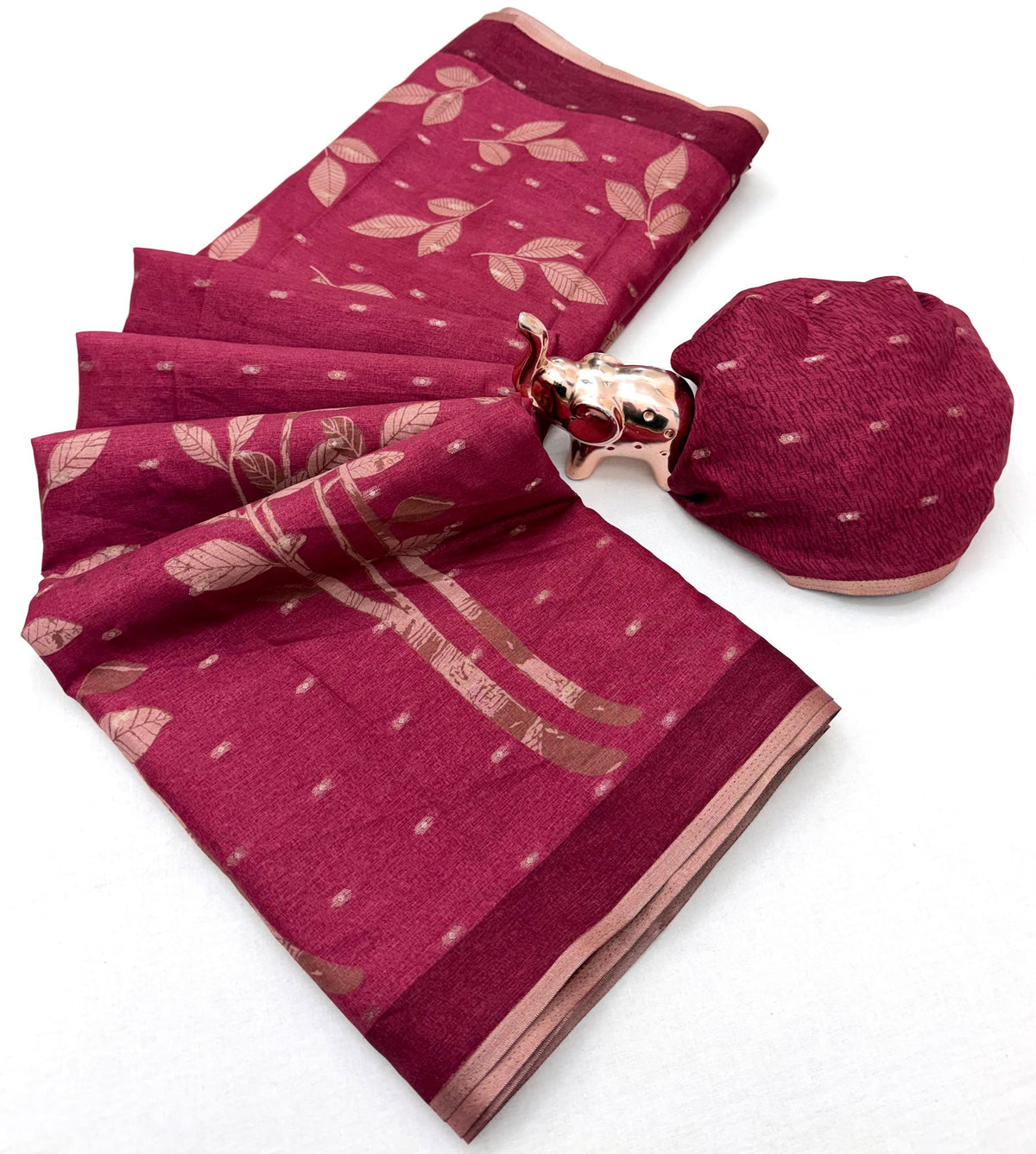 Tussar Silk Saree with Botanical Leaf Motifs and Contrast Border, 6.3 Metres with Running Blouse for Elegant Office Wear