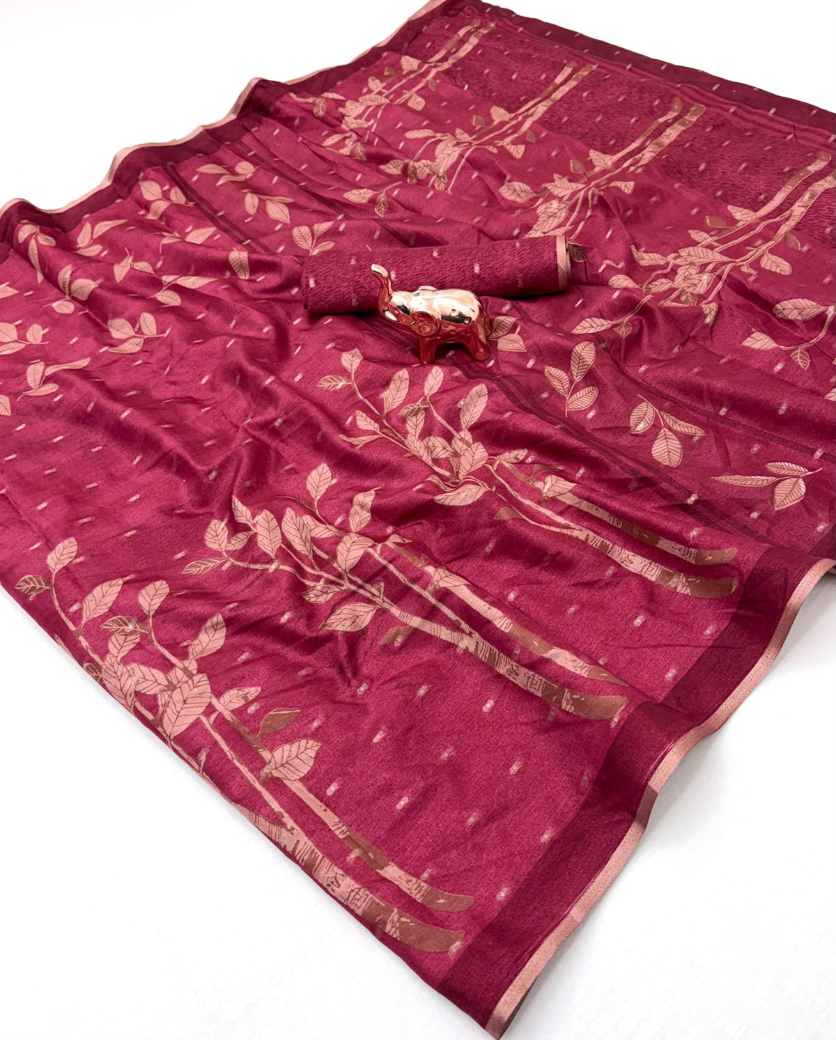 Tussar Silk Saree with Botanical Leaf Motifs and Contrast Border, 6.3 Metres with Running Blouse for Elegant Office Wear