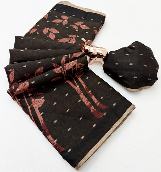 Tussar Silk Saree with Botanical Leaf Motifs and Contrast Border, 6.3 Metres with Running Blouse for Elegant Office Wear