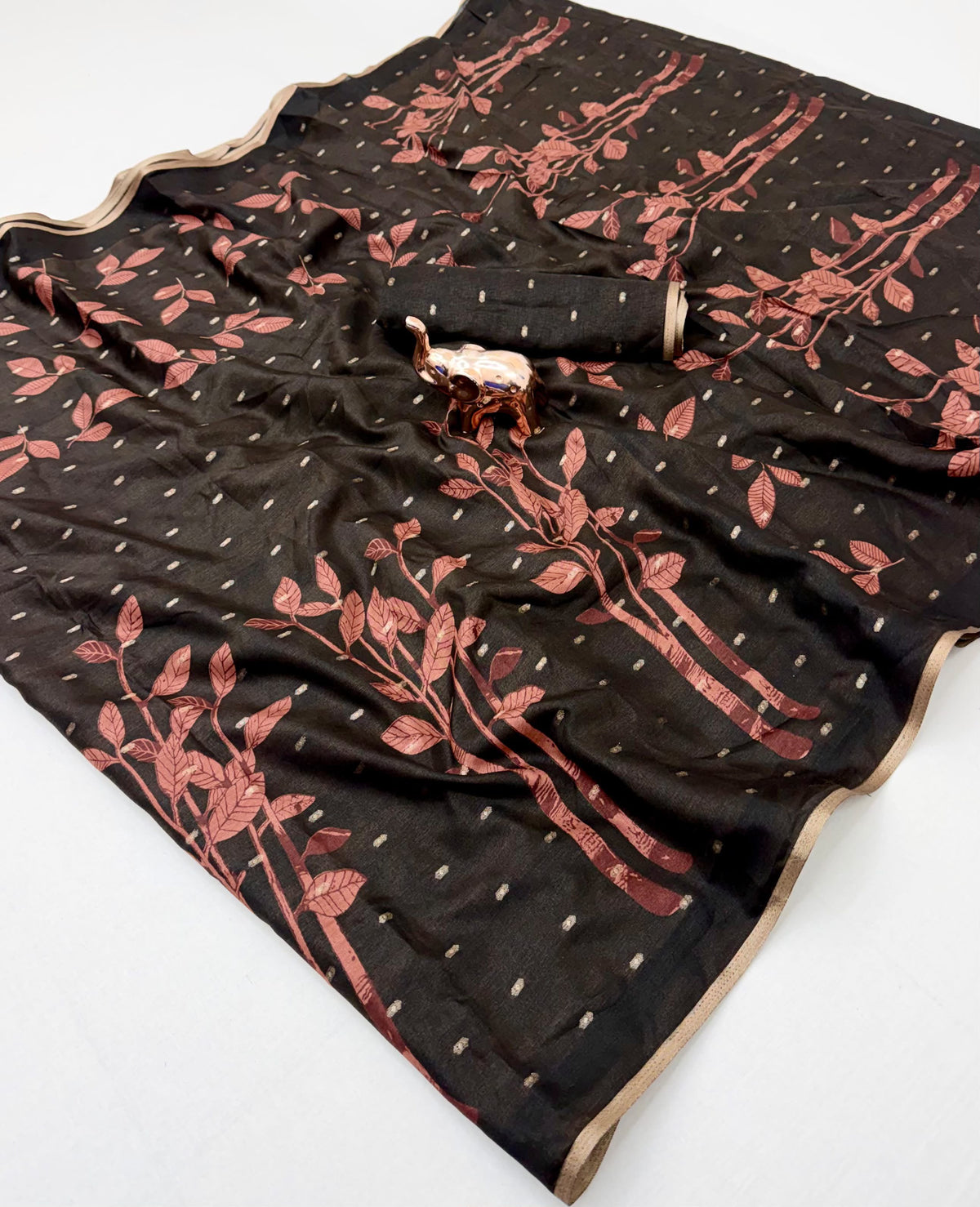 Tussar Silk Saree with Botanical Leaf Motifs and Contrast Border, 6.3 Metres with Running Blouse for Elegant Office Wear