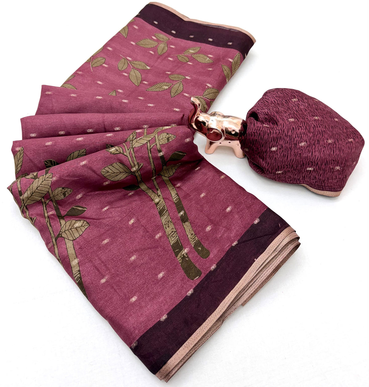Tussar Silk Saree with Botanical Leaf Motifs and Contrast Border, 6.3 Metres with Running Blouse for Elegant Office Wear