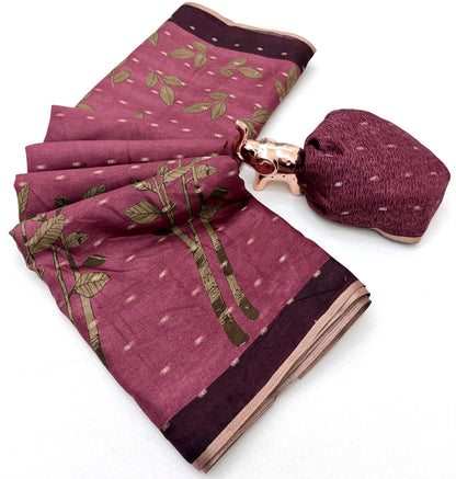 Tussar Silk Saree with Botanical Leaf Motifs and Contrast Border, 6.3 Metres with Running Blouse for Elegant Office Wear