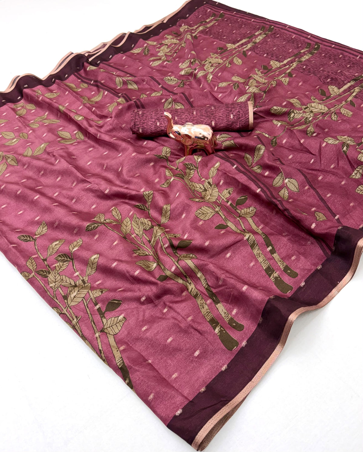 Tussar Silk Saree with Botanical Leaf Motifs and Contrast Border, 6.3 Metres with Running Blouse for Elegant Office Wear