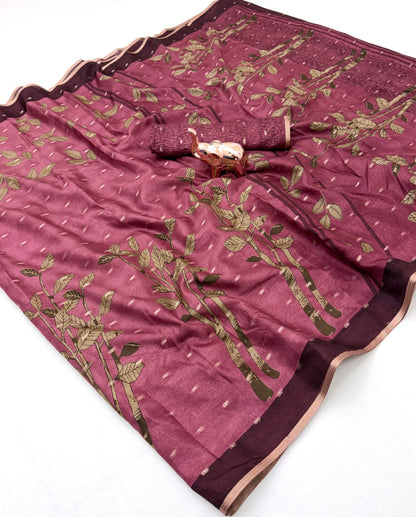 Tussar Silk Saree with Botanical Leaf Motifs and Contrast Border, 6.3 Metres with Running Blouse for Elegant Office Wear