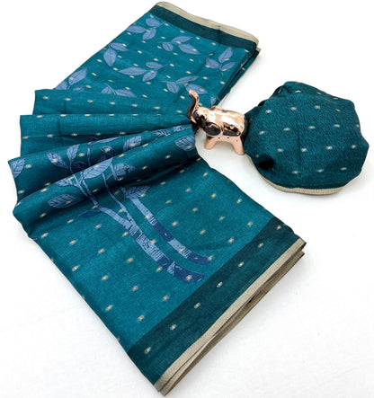 Tussar Silk Saree with Botanical Leaf Motifs and Contrast Border, 6.3 Metres with Running Blouse for Elegant Office Wear