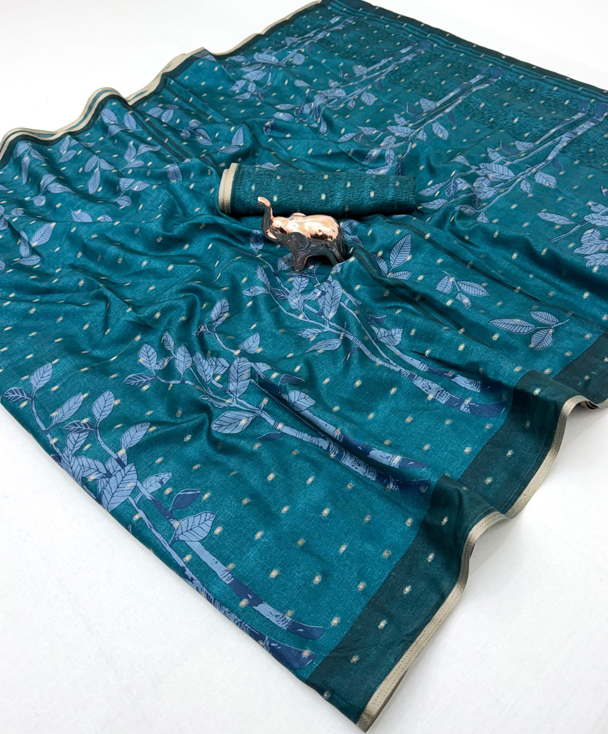 Tussar Silk Saree with Botanical Leaf Motifs and Contrast Border, 6.3 Metres with Running Blouse for Elegant Office Wear