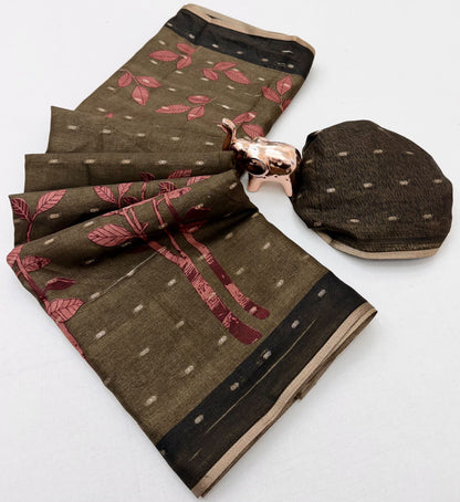 Tussar Silk Saree with Botanical Leaf Motifs and Contrast Border, 6.3 Metres with Running Blouse for Elegant Office Wear