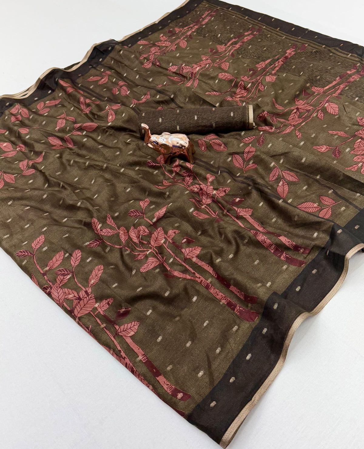 Tussar Silk Saree with Botanical Leaf Motifs and Contrast Border, 6.3 Metres with Running Blouse for Elegant Office Wear