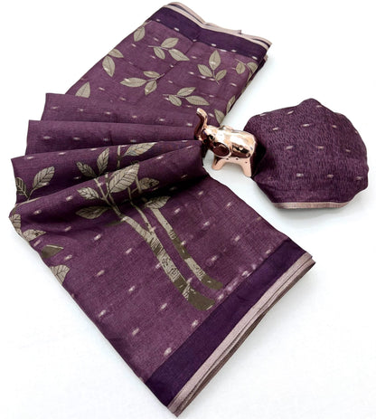Tussar Silk Saree with Botanical Leaf Motifs and Contrast Border, 6.3 Metres with Running Blouse for Elegant Office Wear